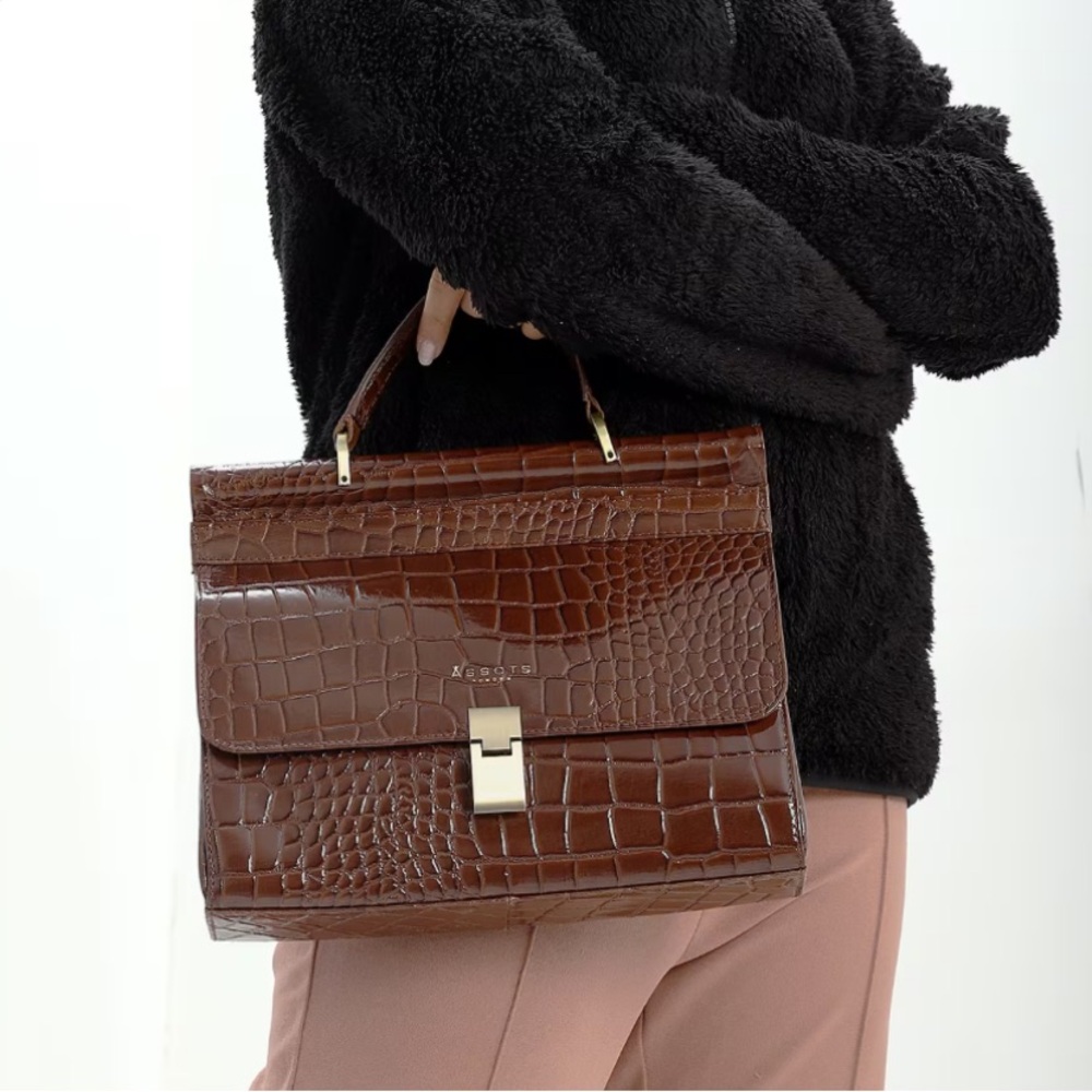🟪 Assots London Brown Croc-Embossed Satchel Bag